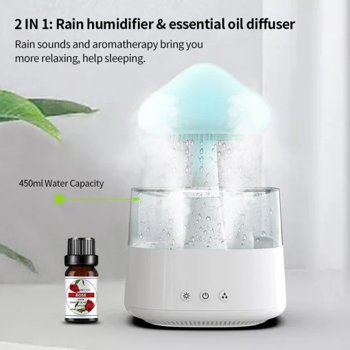 2-in-1 Desk Light Humidifier Rain Cloud Aromatherapy Essential Oil Zen Diffuser & Raining Cloud Night Light Mushroom Lamp - Image 5