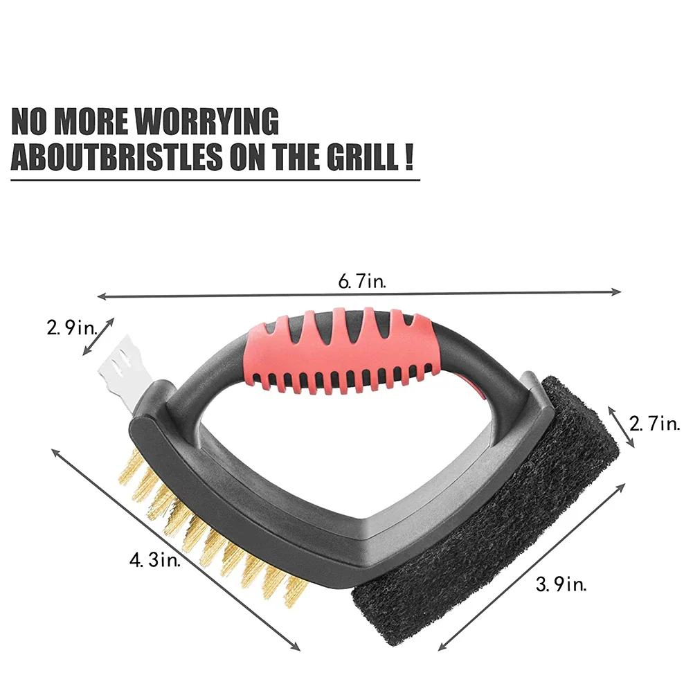 3 in 1 Grill Brush with Brass Bristles and Scraper - Image 3