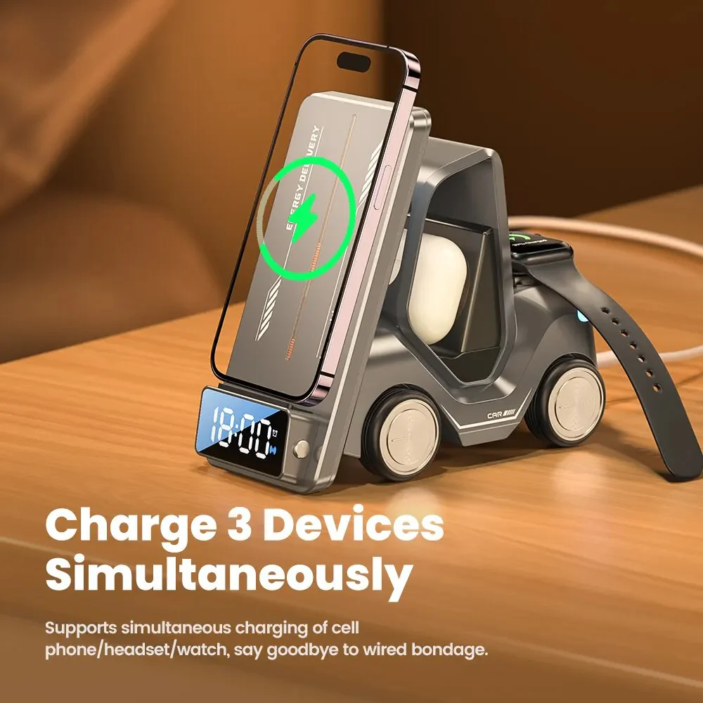 5-in-1 Forklift Design Wireless Charger with Alarm Clock and Night Light - Image 2