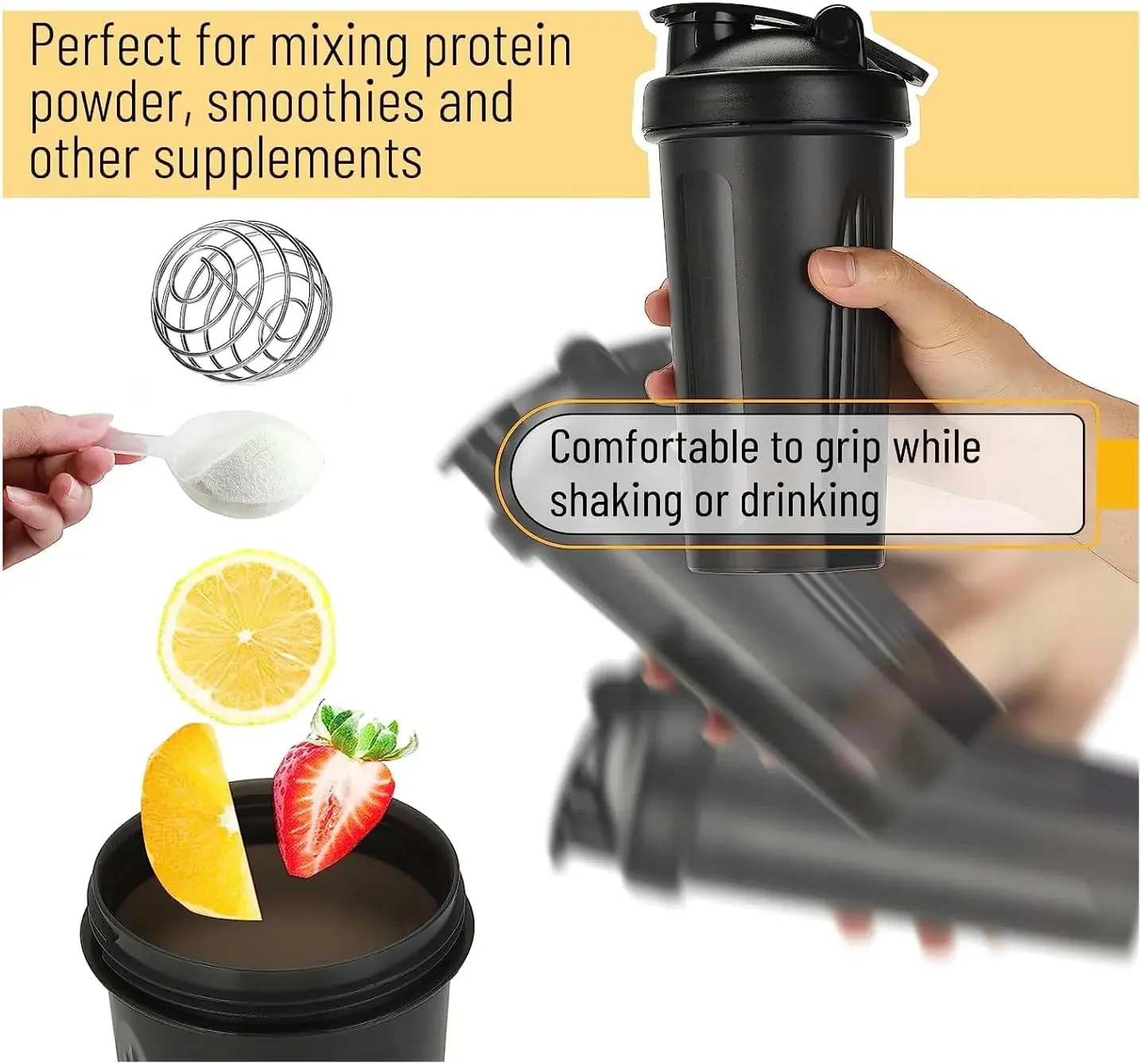 600ml Leak-Proof Protein Shaker Bottle with Mixing Ball - Image 3