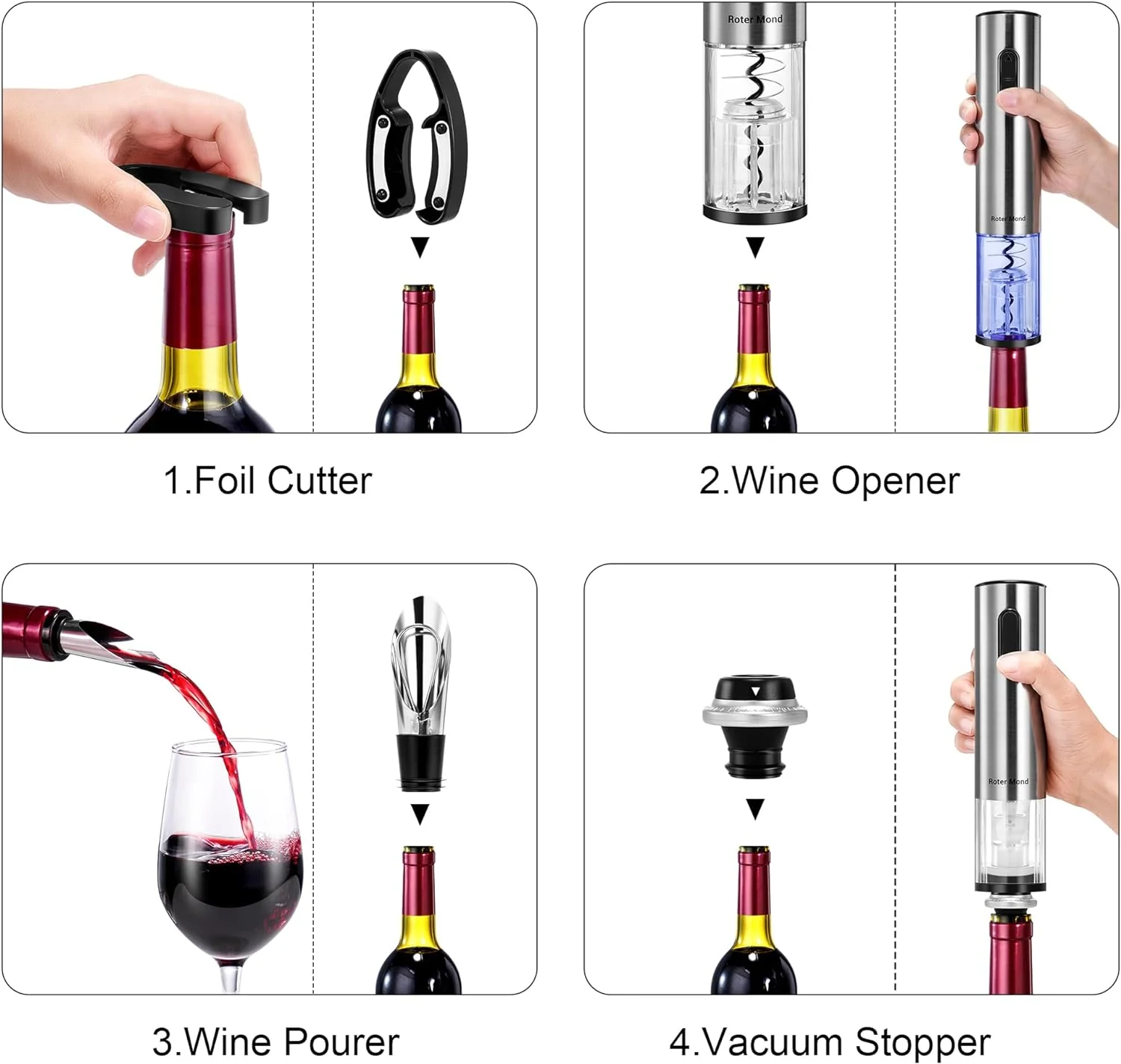 Electric Wine Bottle Opener Set with Vacuum Preserver, Automatic Corkscrew, Foil Cutter, Charging Base, Up to 30 Bottles per Charge - Image 5