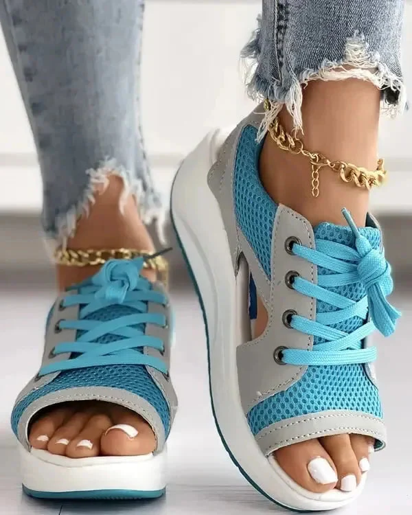 Contrast Paneled Cutout Lace-up Muffin Sandals - Image 10