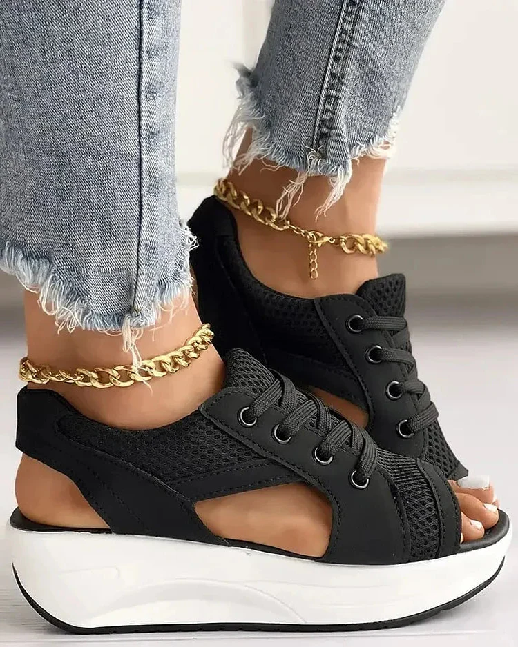 Contrast Paneled Cutout Lace-up Muffin Sandals - Image 4