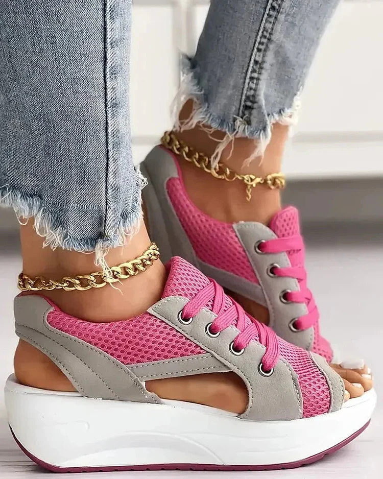 Contrast Paneled Cutout Lace-up Muffin Sandals - Image 5