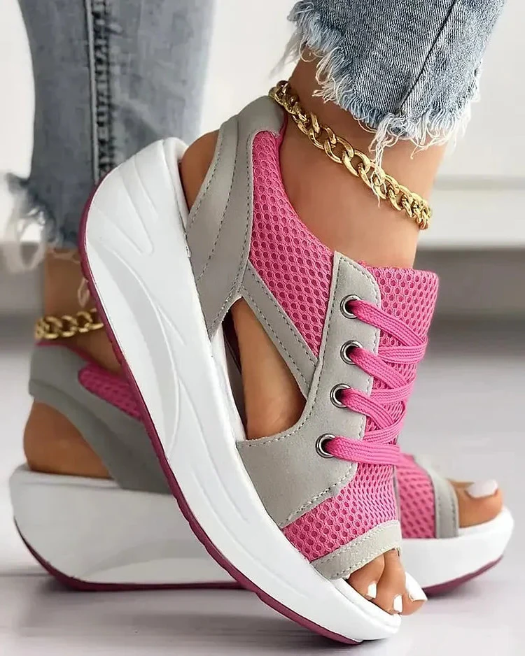 Contrast Paneled Cutout Lace-up Muffin Sandals - Image 6
