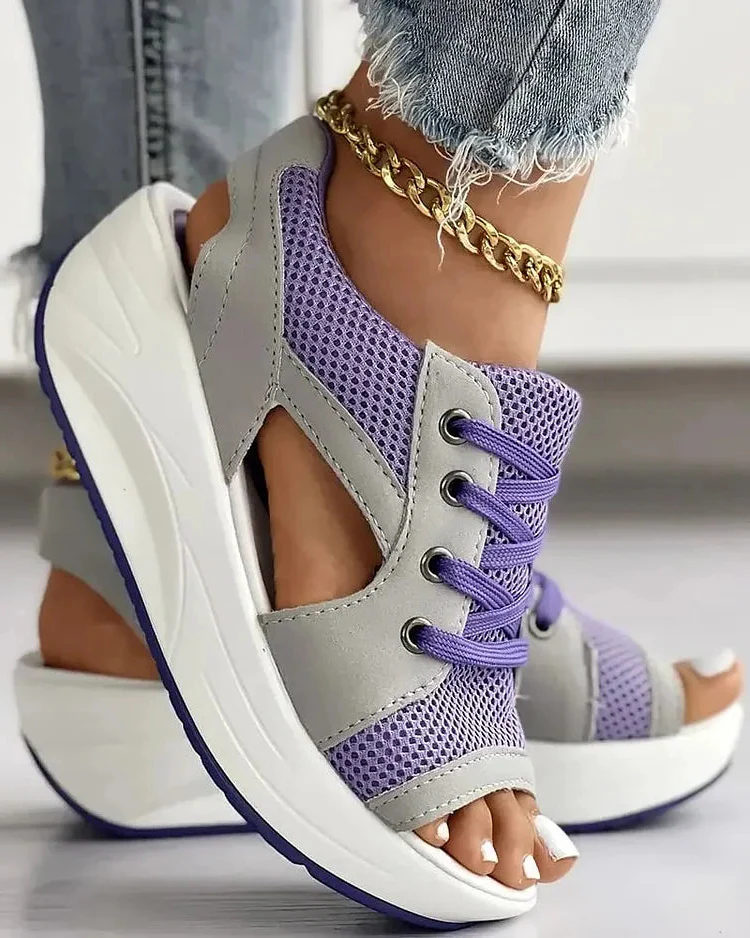 Contrast Paneled Cutout Lace-up Muffin Sandals - Image 7