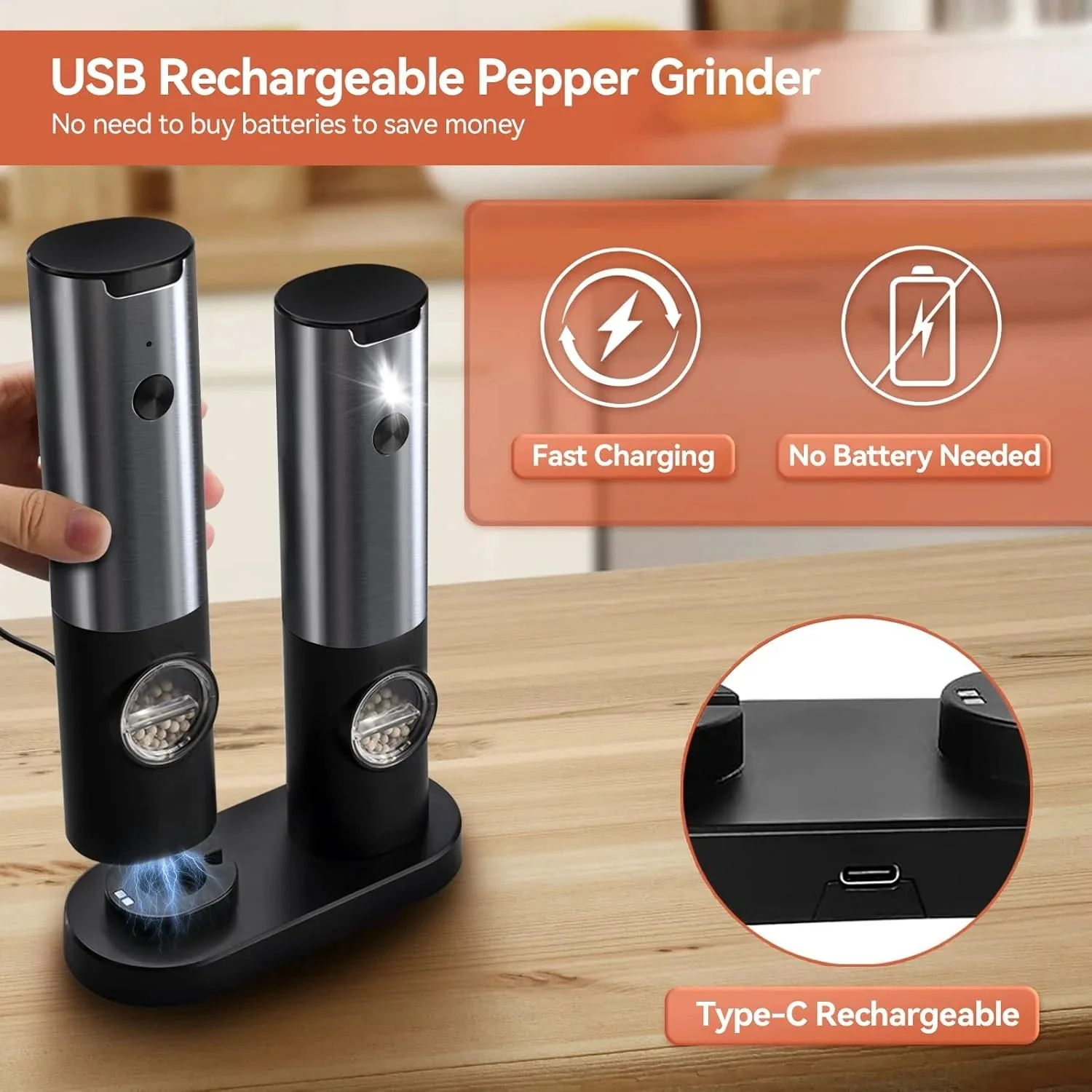 Elegant Electric Salt And Pepper Mill With Rechargeable Battery - Image 2