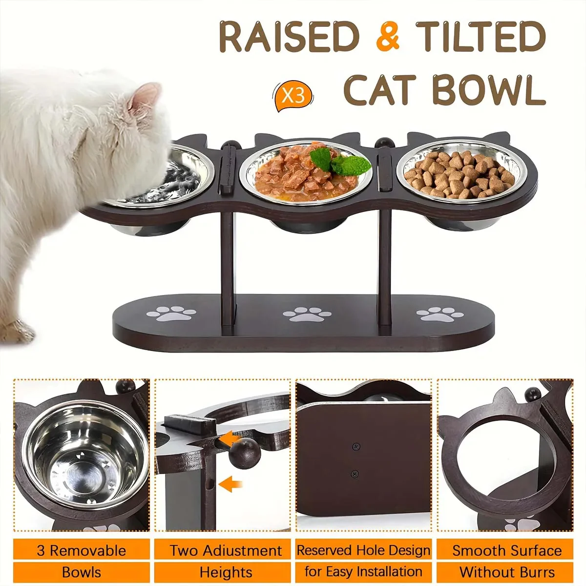 Elevated Cat Bowl with 3 Stainless Steel Dishes - Image 2