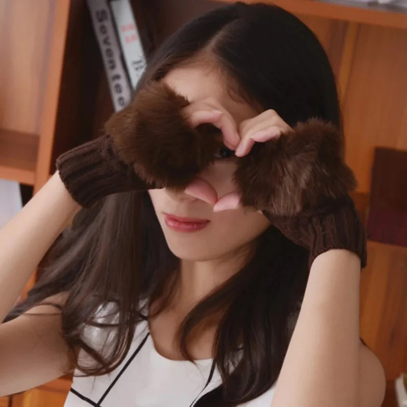 Faux Fur Fingerless Winter Gloves Hand Warmer - Image 16