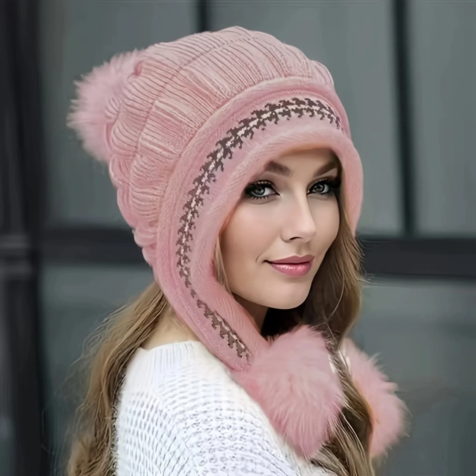 Fleece Lined Winter Hat with Faux Fur Hat Pom Pom - Image 3