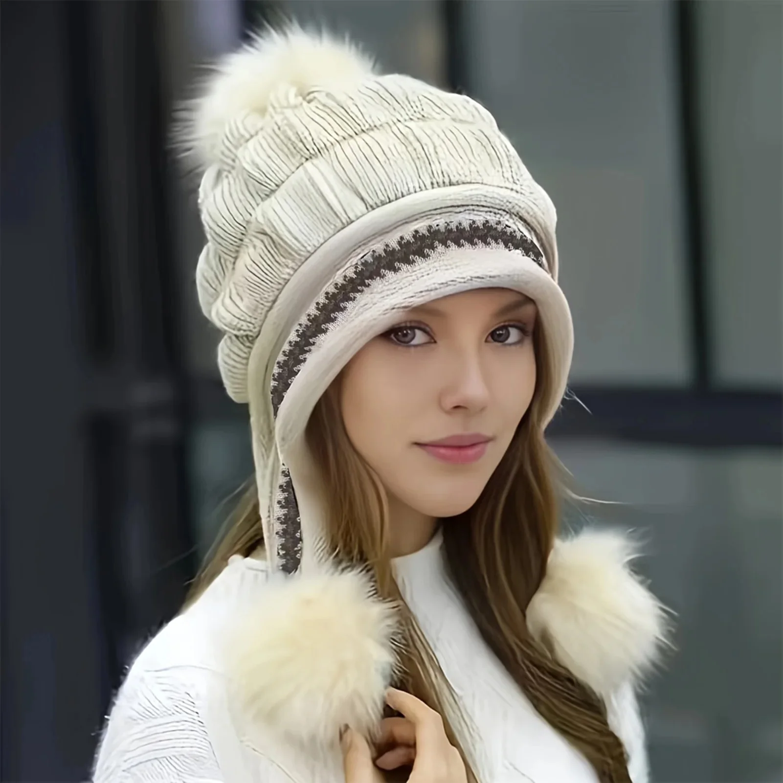 Fleece Lined Winter Hat with Faux Fur Hat Pom Pom - Image 5