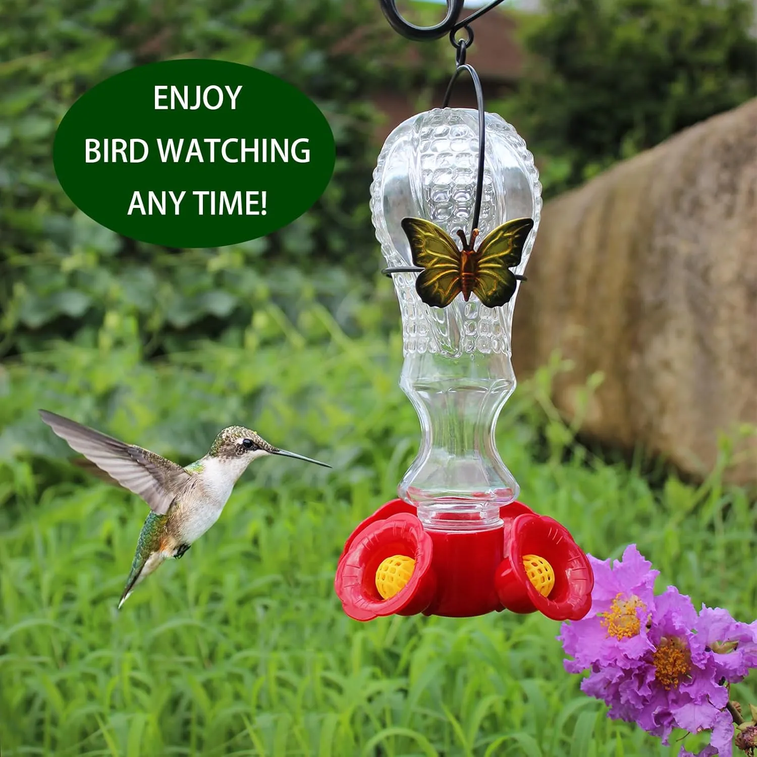 Flowers Glass Hummingbird Feeder With Ant Moat - Image 2
