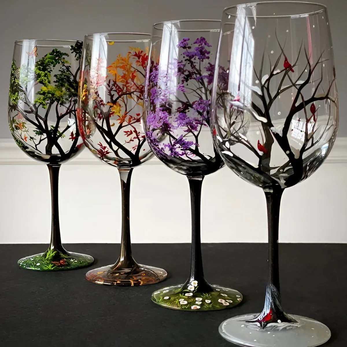 Four Seasons Tree Wine Glasses – Hand Painted Art - Image 10