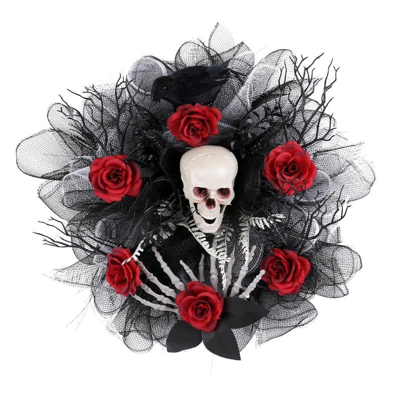Halloween Garland Red Rose Skull Front Door Wreath - Image 3