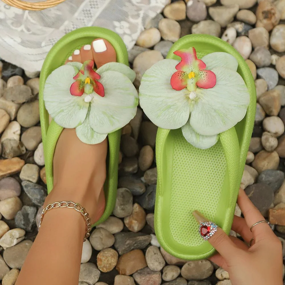 Ladies Tropical Orchid Summer Flip Flops - Image 3