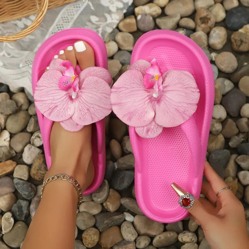 Ladies Tropical Orchid Summer Flip Flops - Image 4
