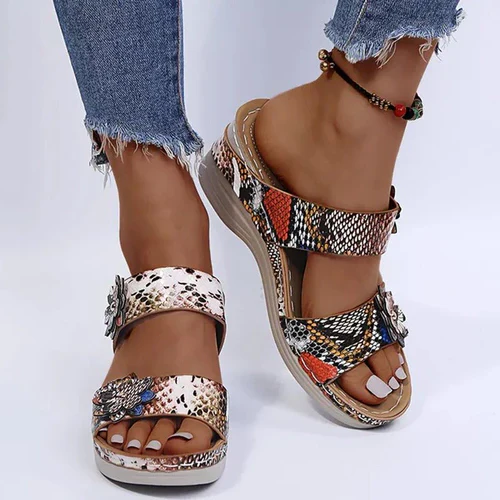 Leopard / Snake Print Orthopedic Leather Wedge Soft Sole Sandals - Image 4