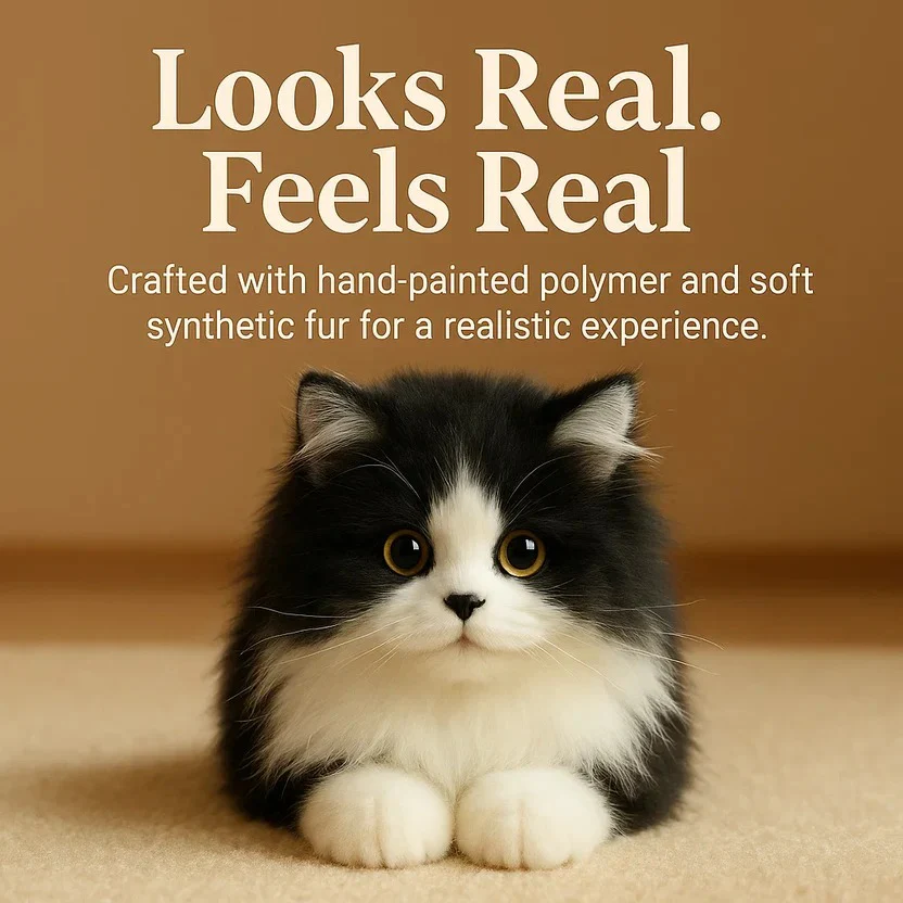 Lifelike Black and White Plush Cat - Image 4