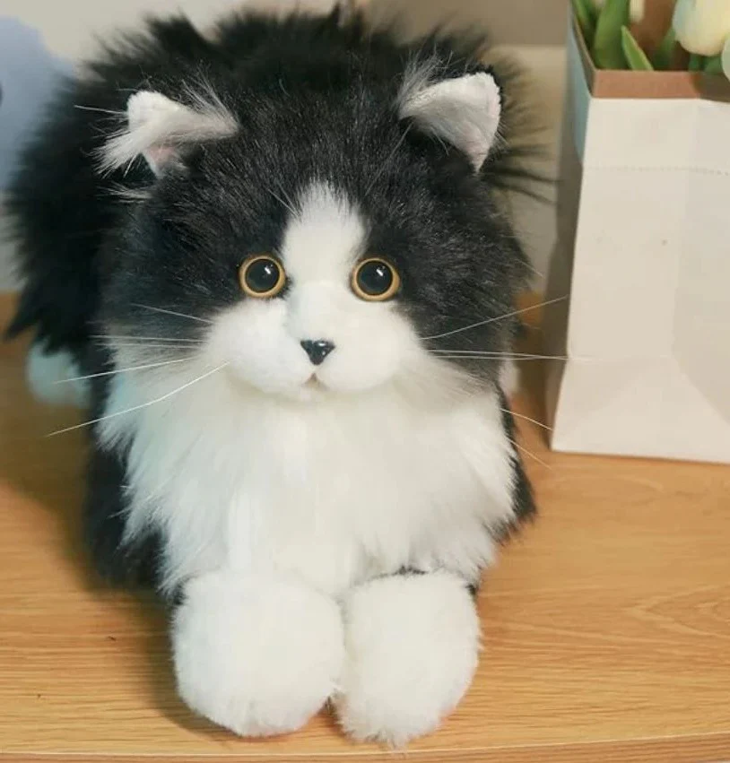 Lifelike Black and White Plush Cat - Image 6