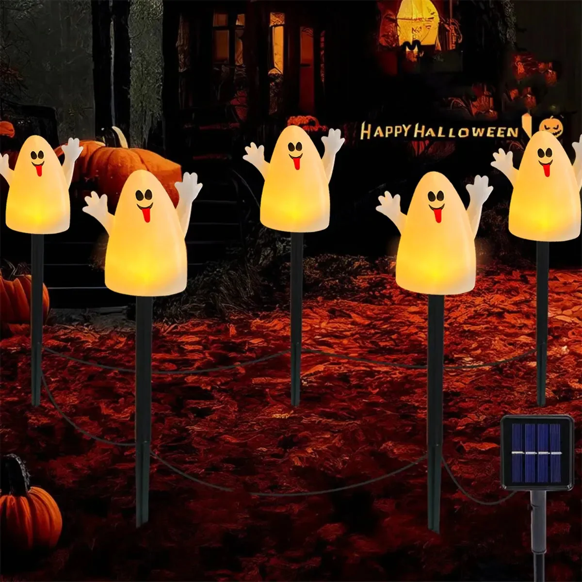 Lighted Halloween Pumpkin and Ghost Solar Decor Set - Image 3