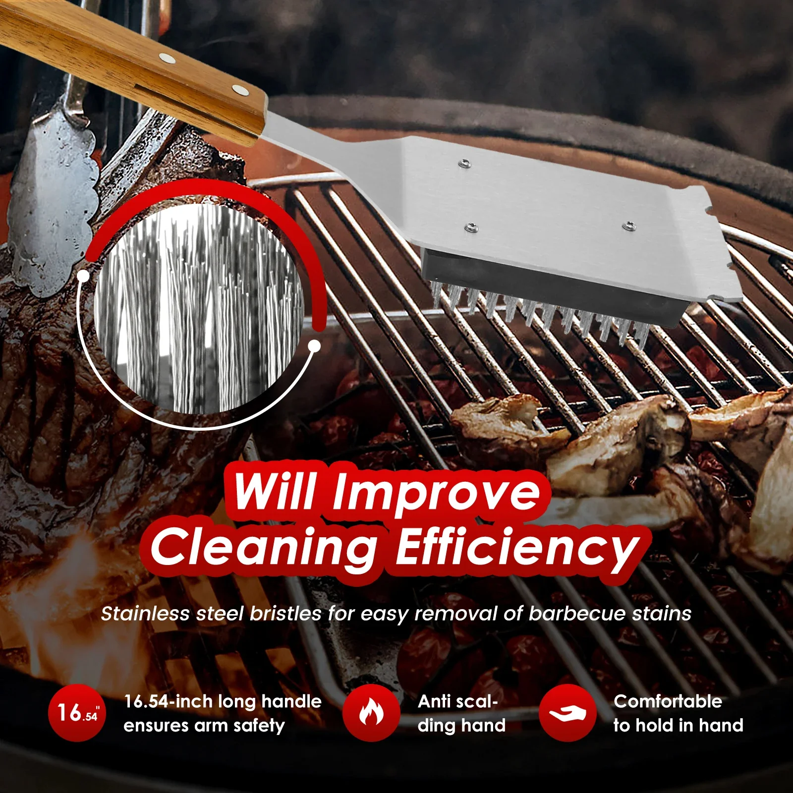 Long Handle Barbecue Grill Brush with Scraper - Image 3