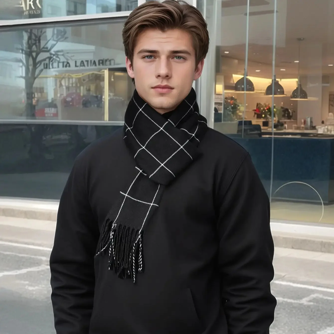 Luxury Plaid Cashmere Winter Scarf for Men - Image 4