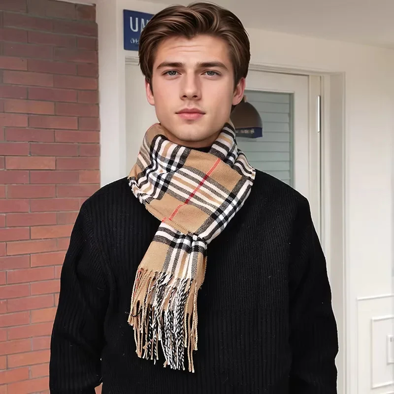 Luxury Plaid Cashmere Winter Scarf for Men - Image 8