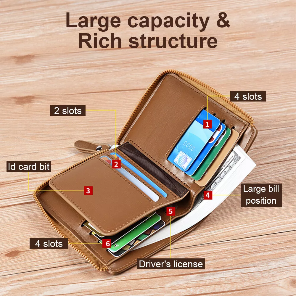 Men’s RFID Blocking Wallet with Zipper Multi Credit Card Holder Khaki + Brown + Black - Image 4