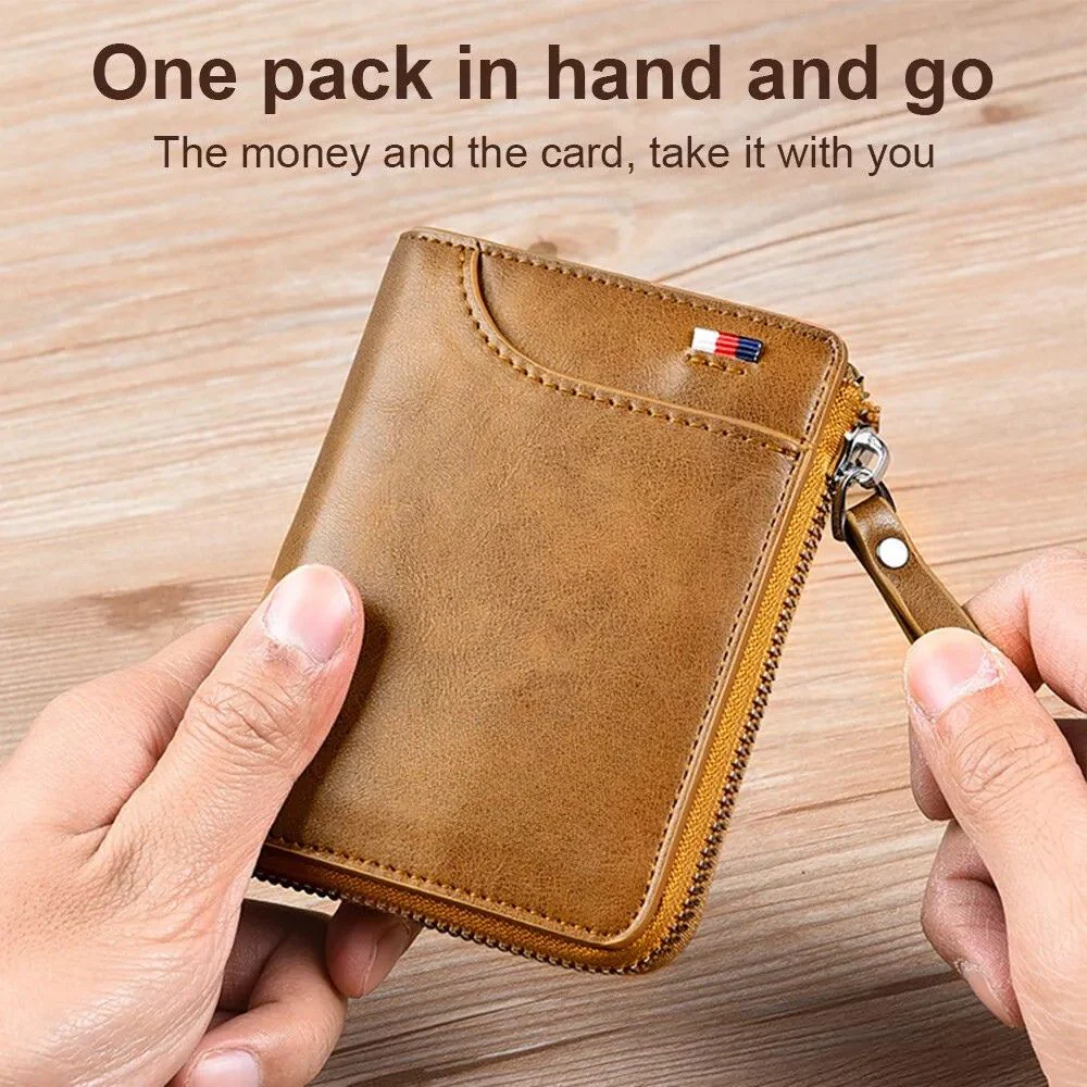 Men’s RFID Blocking Wallet with Zipper Multi Credit Card Holder Khaki + Brown + Black - Image 5