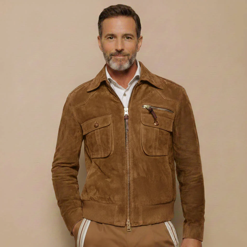Men's Retro Lapel Zipper Breast Pocket Suede Jacket - Image 5