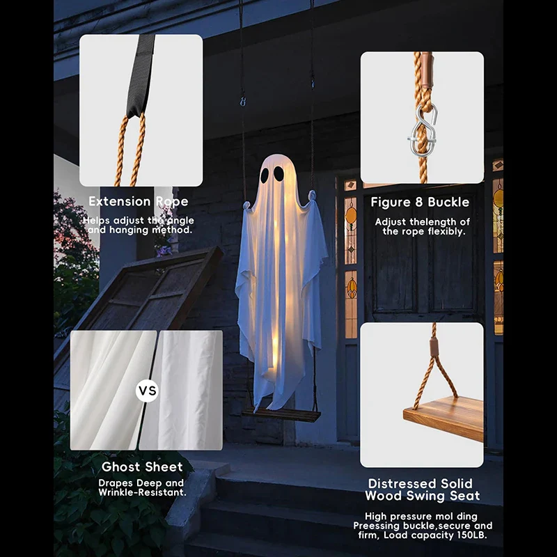 Outdoor Lighted Ghost Halloween Decoration with Swing and LED Lights - Image 3