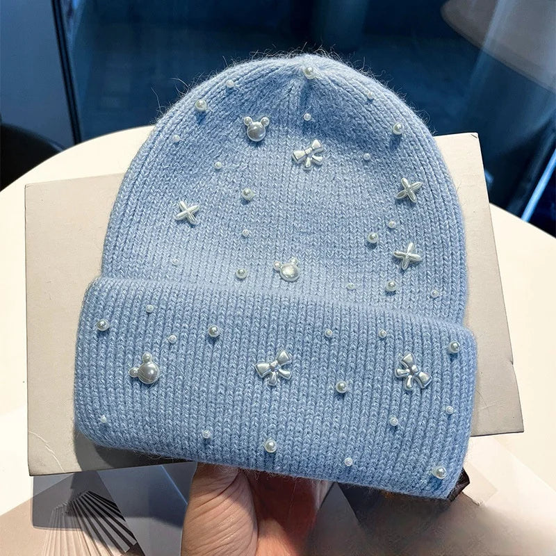 Pearl Accent Knit Beanie Winter Hat - Image 3