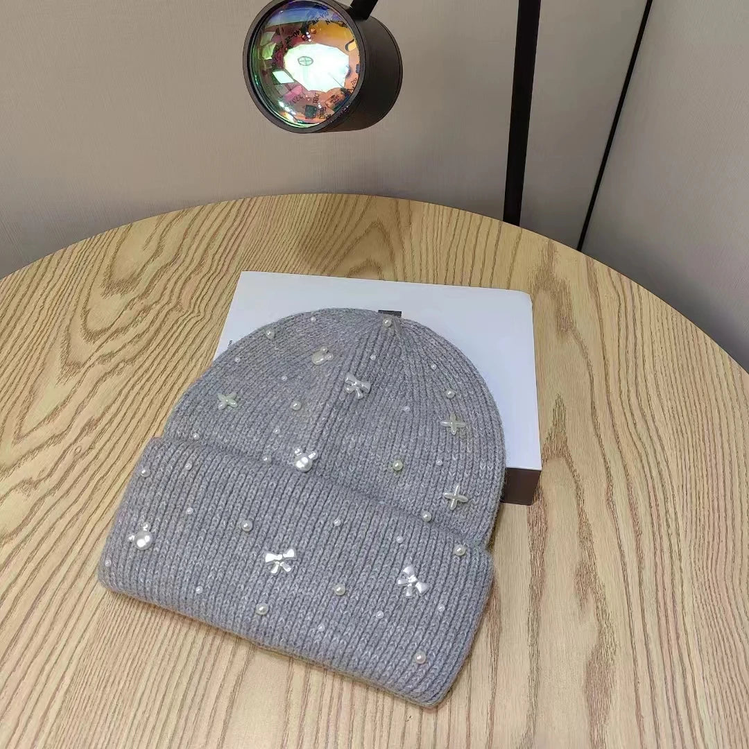 Pearl Accent Knit Beanie Winter Hat - Image 4