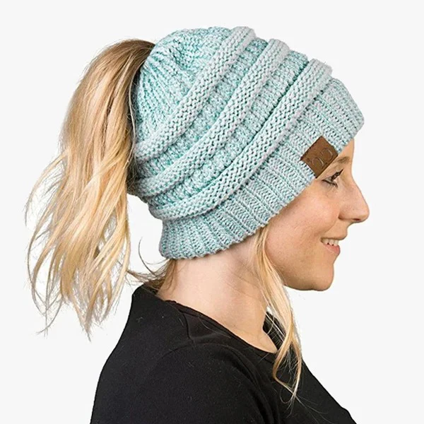 Ponytail Beanie Messy Bun Women's Beanie Solid Ribbed Hat Cap - Image 10