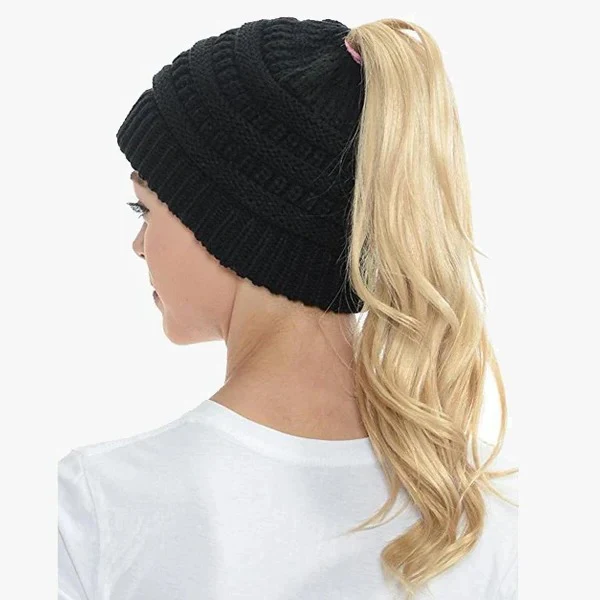 Ponytail Beanie Messy Bun Women's Beanie Solid Ribbed Hat Cap - Image 2