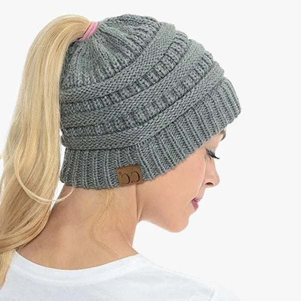 Ponytail Beanie Messy Bun Women's Beanie Solid Ribbed Hat Cap - Image 5