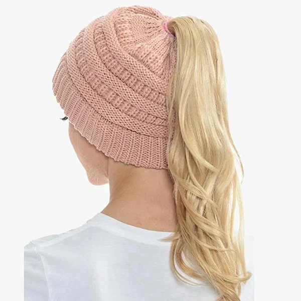 Ponytail Beanie Messy Bun Women's Beanie Solid Ribbed Hat Cap - Image 6