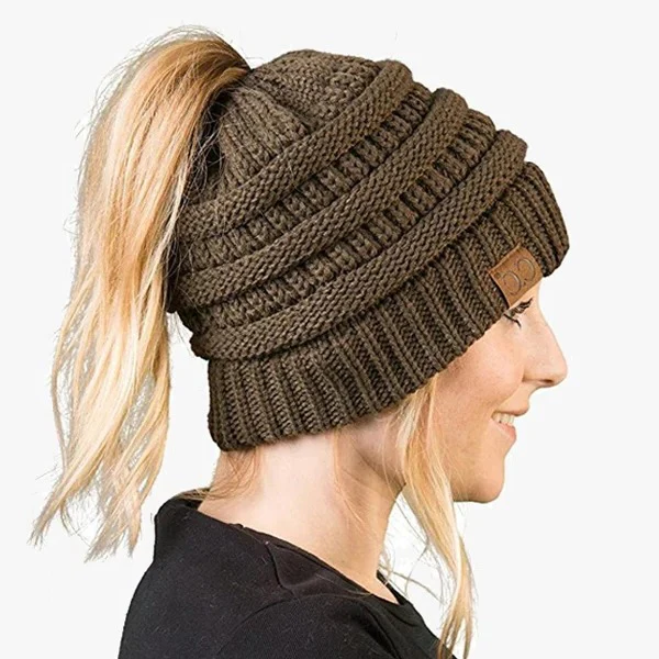 Ponytail Beanie Messy Bun Women's Beanie Solid Ribbed Hat Cap - Image 7
