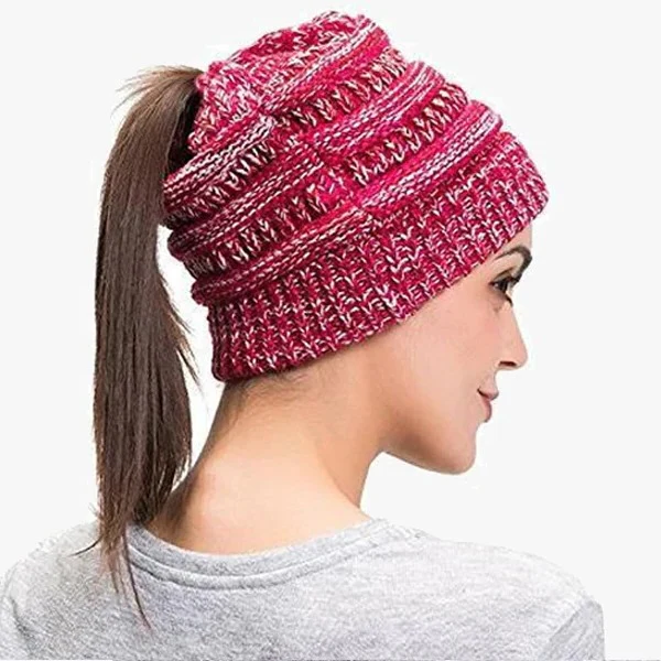 Ponytail Beanie Messy Bun Women's Beanie Solid Ribbed Hat Cap - Image 9