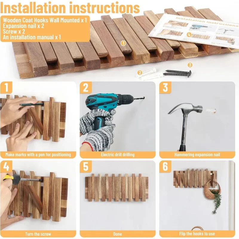 Rustic Wall-Mounted Coat Rack with 8 Flip Hooks - Image 2