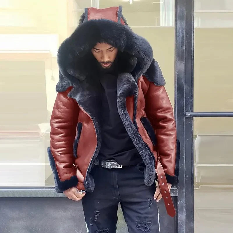 Sheepskin Leather Jacket | Man Winter Fur Hood Coat Motorcycle Jackets - Image 2