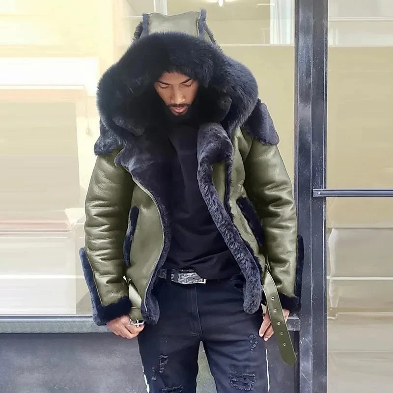 Sheepskin Leather Jacket | Man Winter Fur Hood Coat Motorcycle Jackets - Image 3
