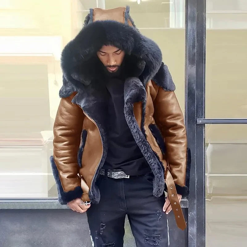 Sheepskin Leather Jacket | Man Winter Fur Hood Coat Motorcycle Jackets - Image 4