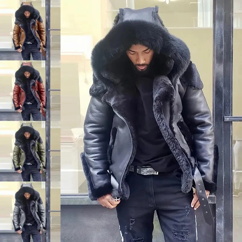 Sheepskin Leather Jacket | Man Winter Fur Hood Coat Motorcycle Jackets - Image 5