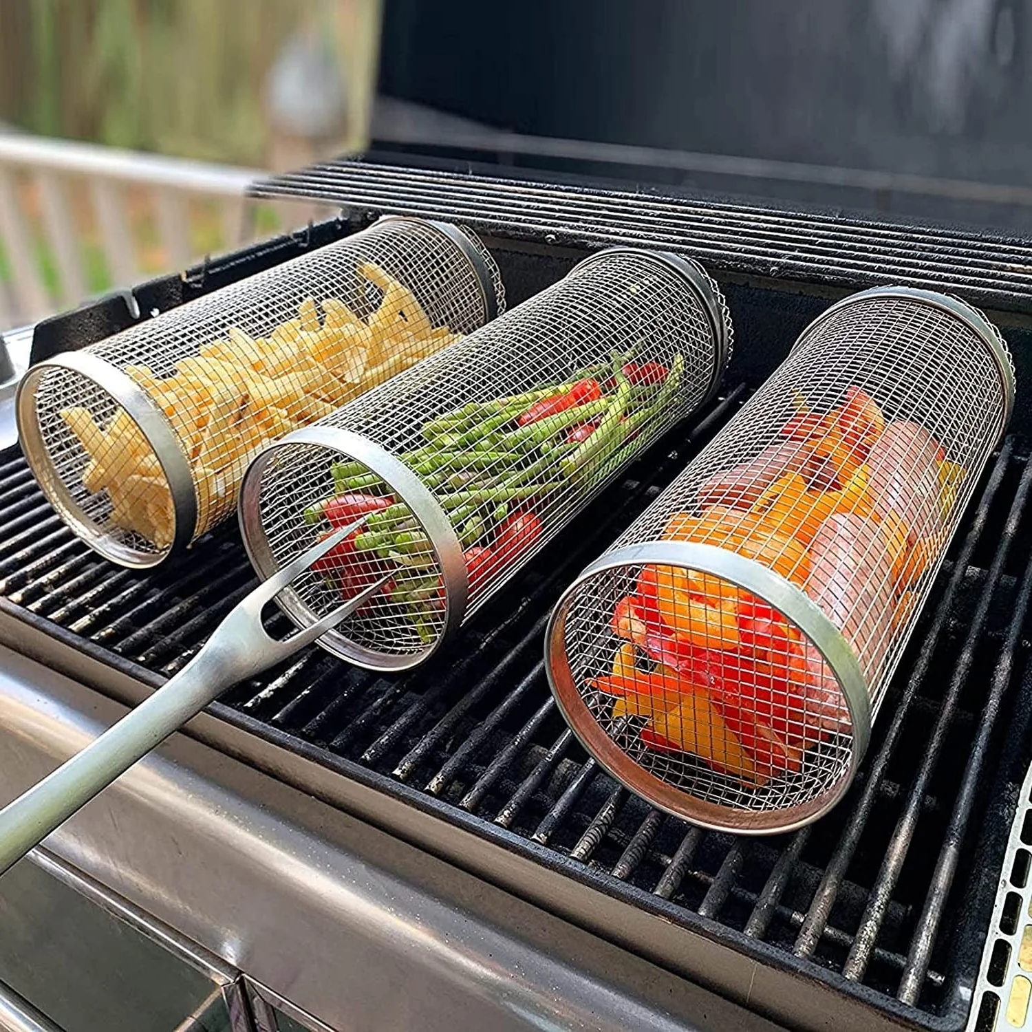 Stainless Steel Rolling BBQ Grill Basket - Image 2