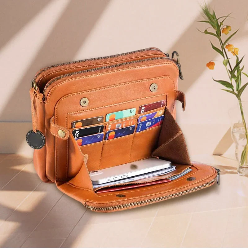 Three-Layer Crossbody Leather Shoulder Bag & Clutch - Image 8