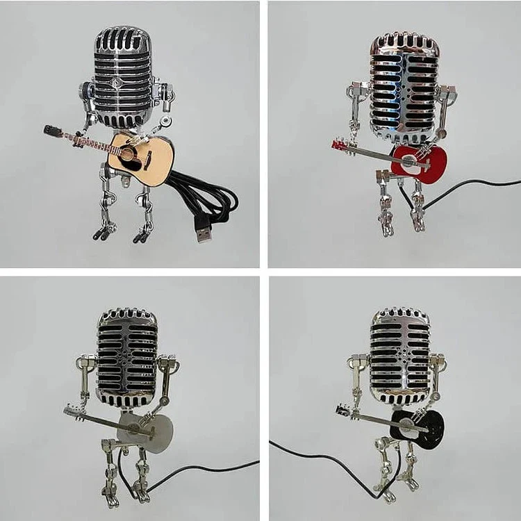 Vintage Metal Microphone Robot With Guitar Lamp - Image 2