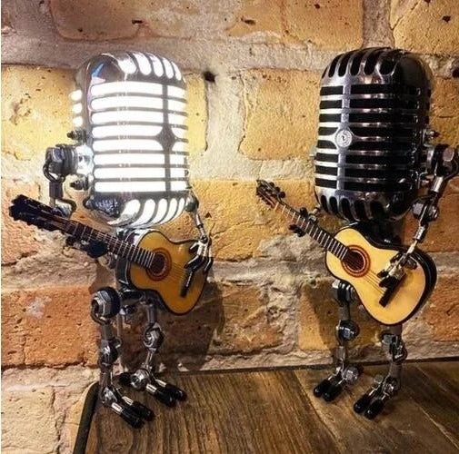 Vintage Metal Microphone Robot With Guitar Lamp - Image 3