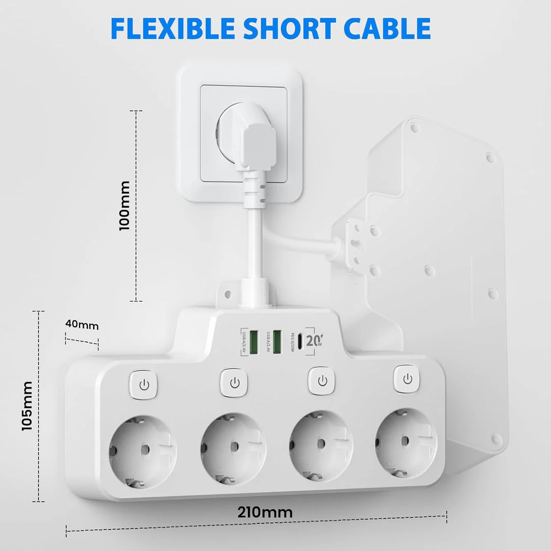 Wall-mounted Power Strip With Independent Switch - 2 USB A And 1 USB C - Image 3