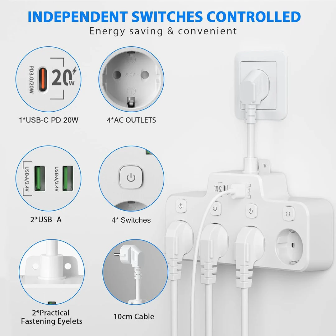 Wall-mounted Power Strip With Independent Switch - 2 USB A And 1 USB C - Image 4
